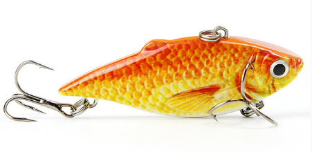 Fishing lure shaped like a goldfish on a white background