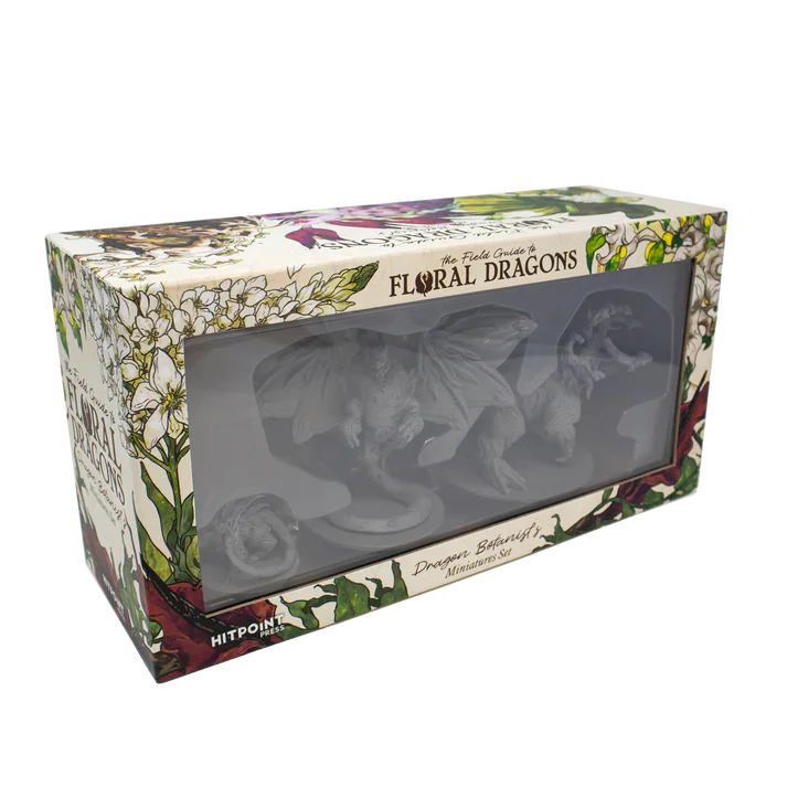 Box packaging for 'Floral Dragons' with dragon illustrations on a white background