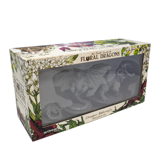 Box packaging for 'Floral Dragons' with dragon illustrations on a white background