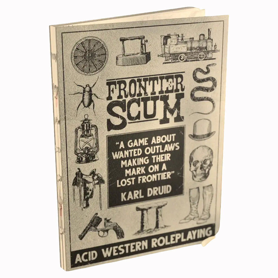 Book cover of 'Frontier Scum' with vintage graphics and text on a beige background
