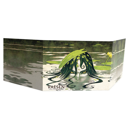 Card with a fantasy design of a face with long dark hair and green leaves, featuring the brand 'VAESEN'.