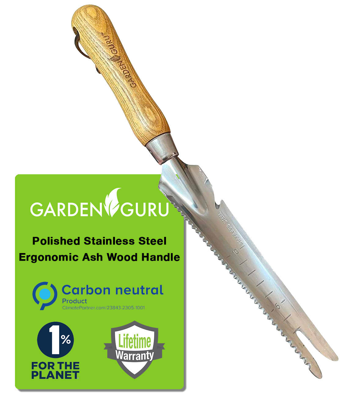 Garden weed removal tool with wooden handle and metal blade, featuring Garden Guru branding.