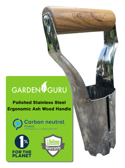 Garden tool with wooden handle and stainless steel blade, branded as Garden Guru, on a white background.