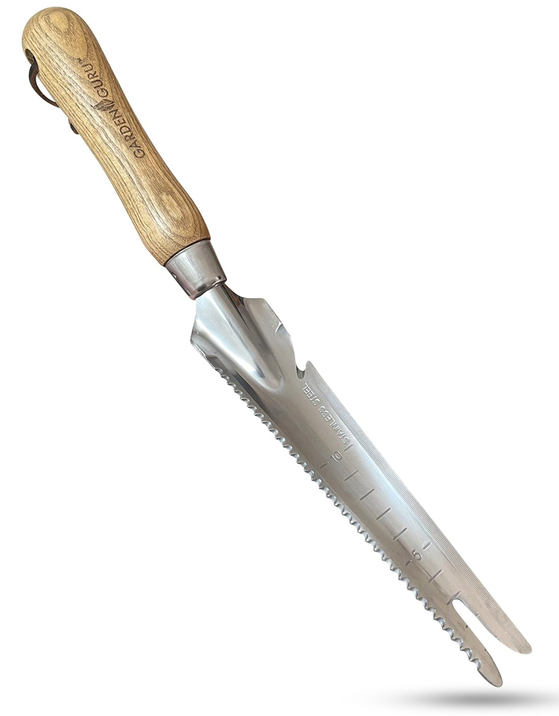 Gardening tool with wooden handle and metal blade on a white background
