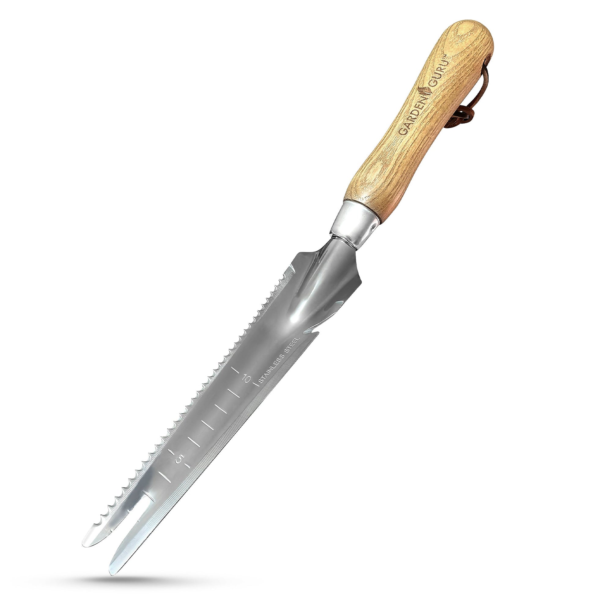 Garden weeding tool with wooden handle on a white background