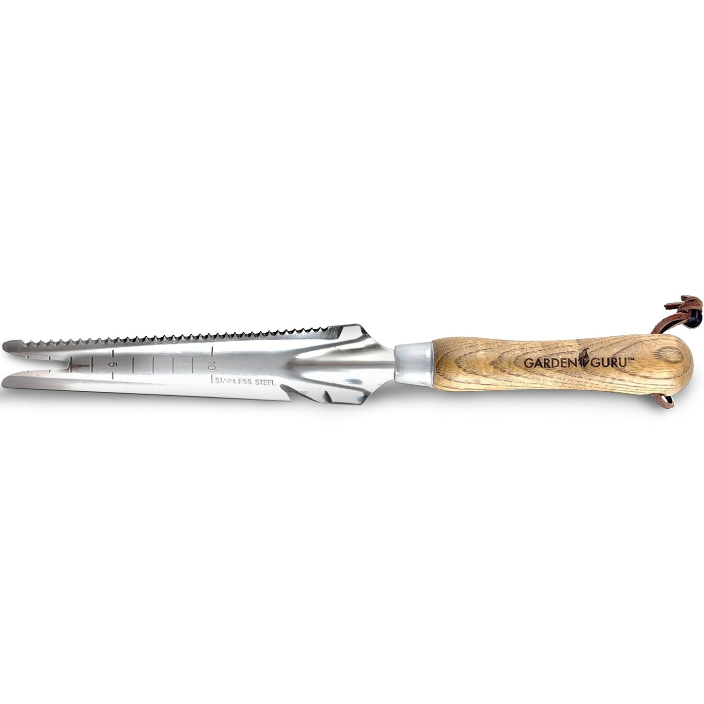Garden weeding tool with wooden handle and metal blade on a white background
