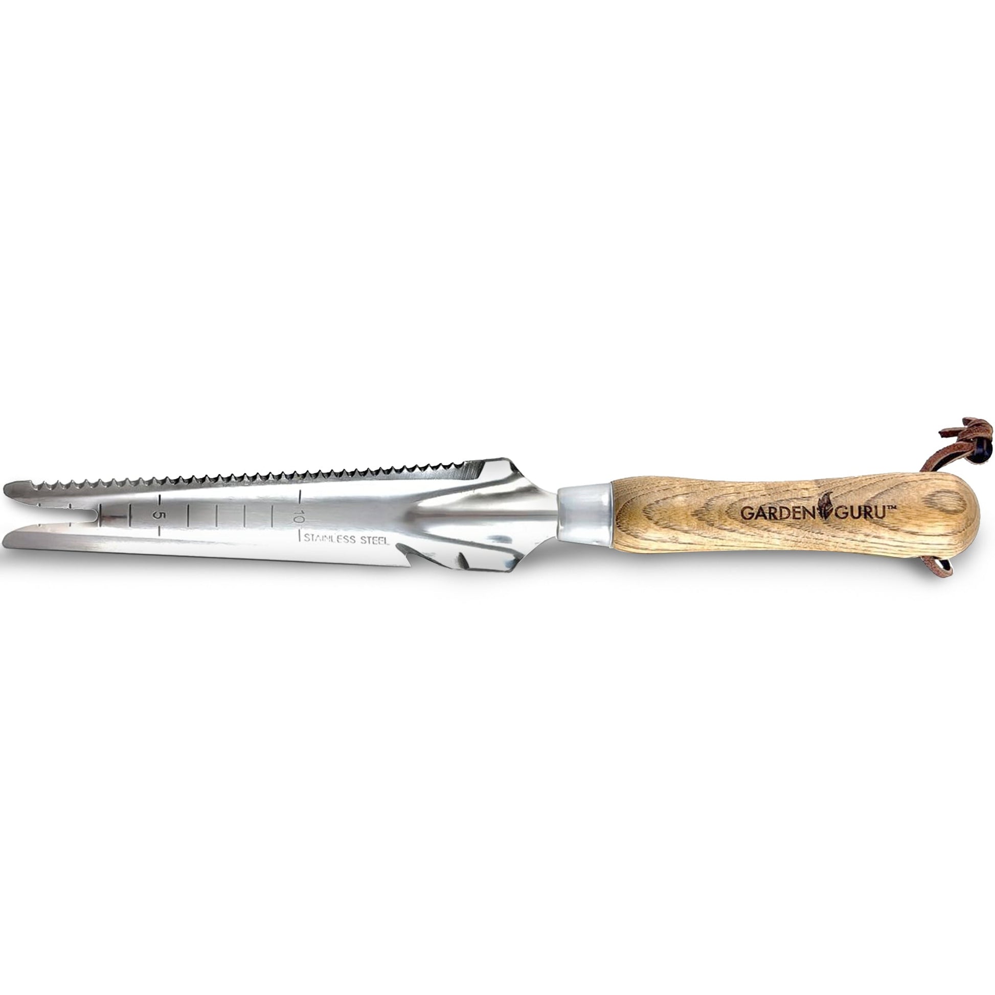 Garden weeding tool with wooden handle and metal blade on a white background