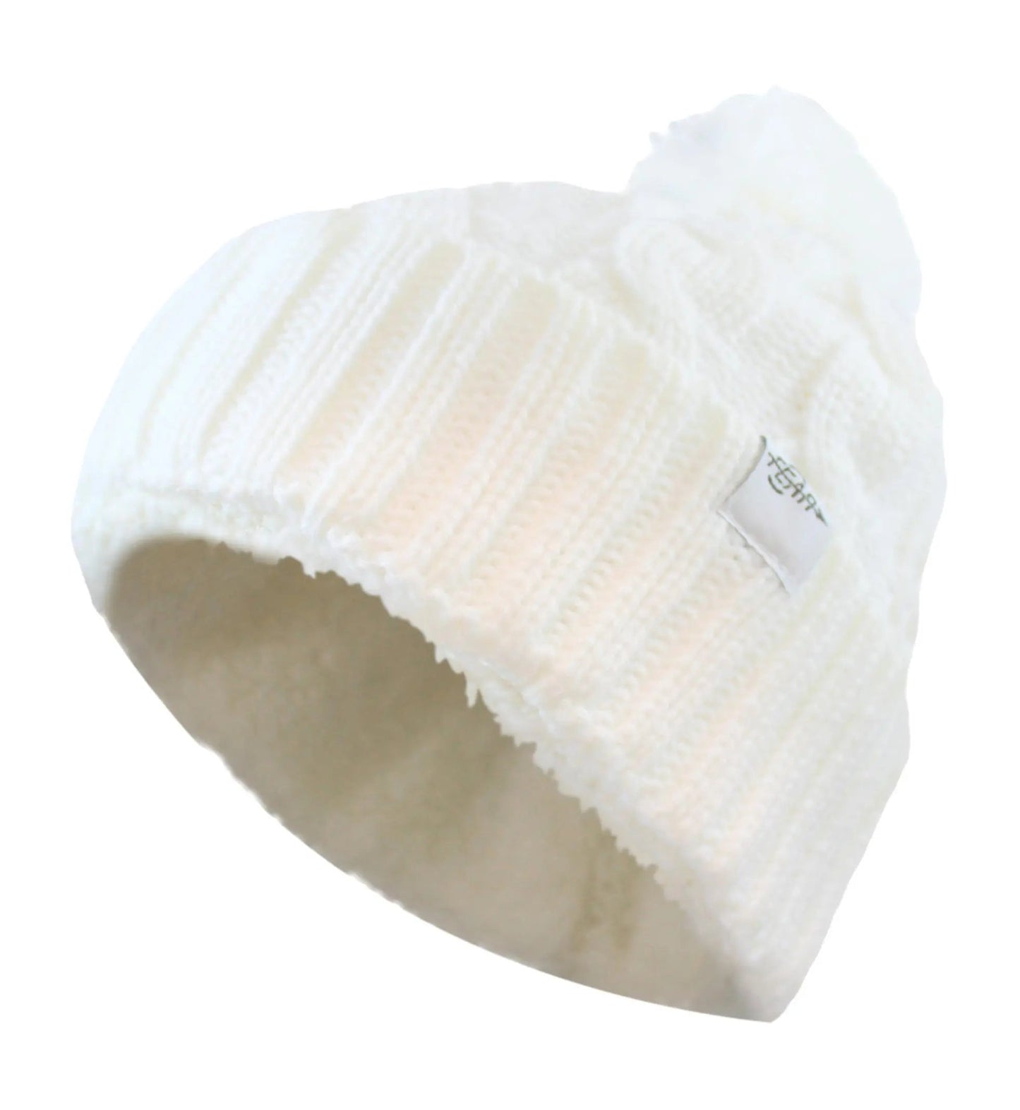 White knit beanie with fleece lining on a white background