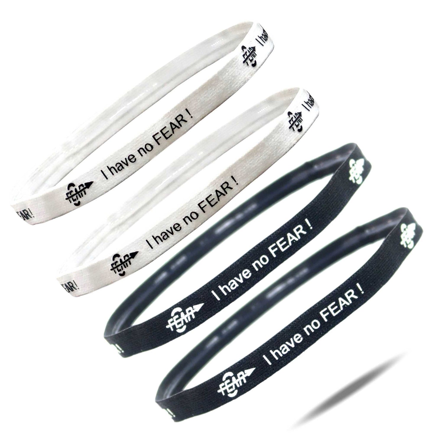 Set of four headbands with 'I have no FEAR!' text on a white background