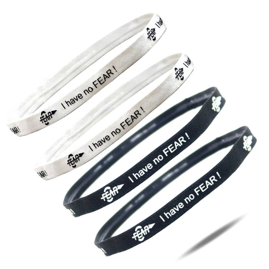 Set of four headbands with 'I have no FEAR!' text on a white background