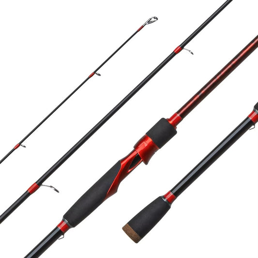 Fishing rod with red and black design on a white background