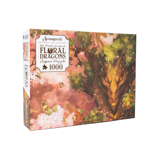 Jigsaw puzzle box featuring a dragon in a floral setting with 'Strangewerk' branding.