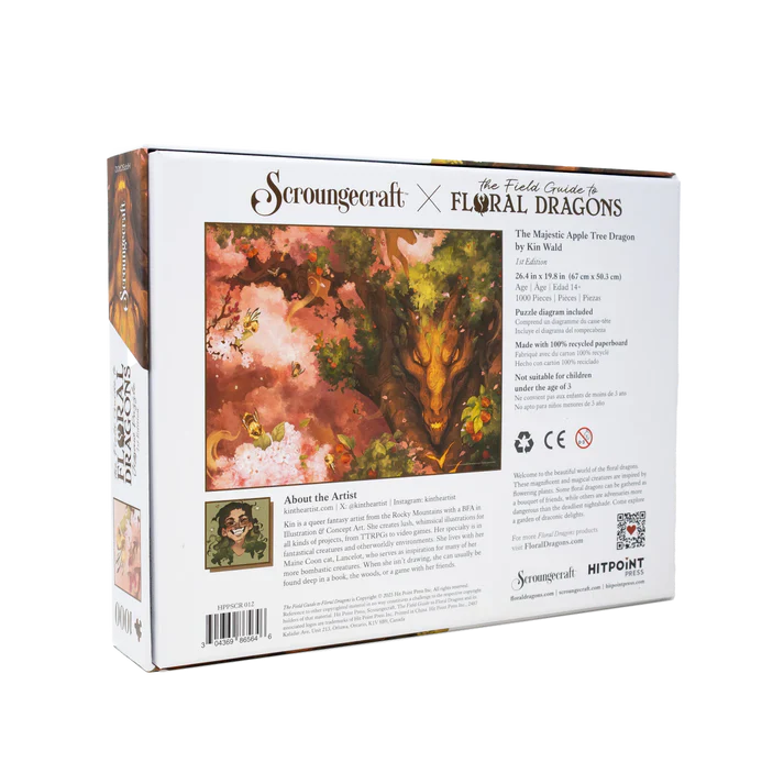 Scroungecraft x Floral Dragons puzzle box with artwork and branding on a white background