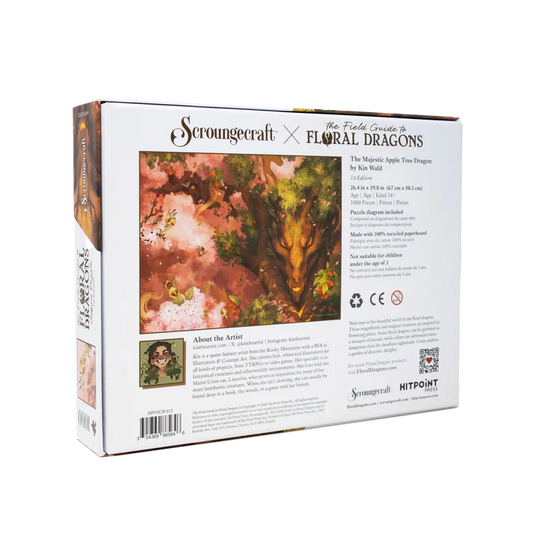 Scroungecraft x Floral Dragons puzzle box with artwork and branding on a white background