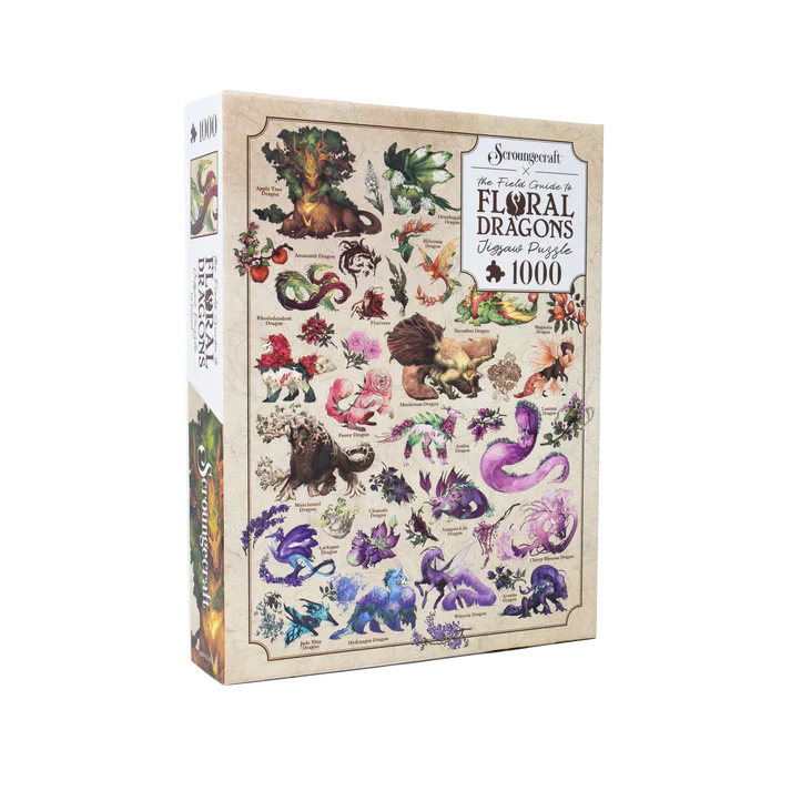 Jigsaw puzzle box featuring floral dragons on a white background