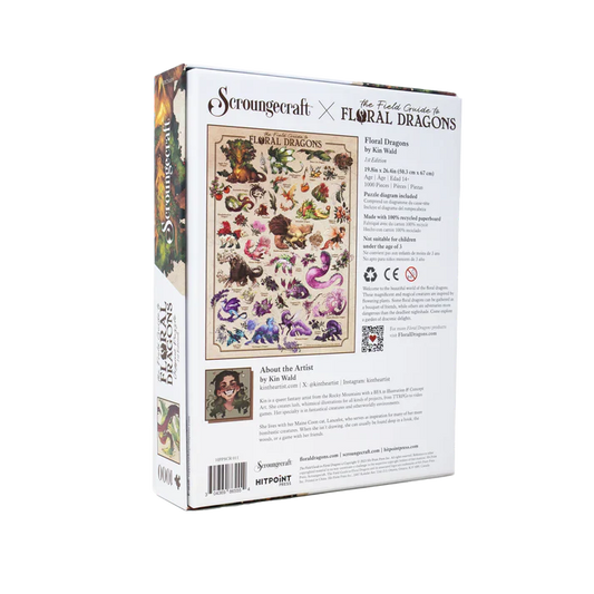 Scroungercraft x Floral Dragons puzzle box with artwork and branding on a white background