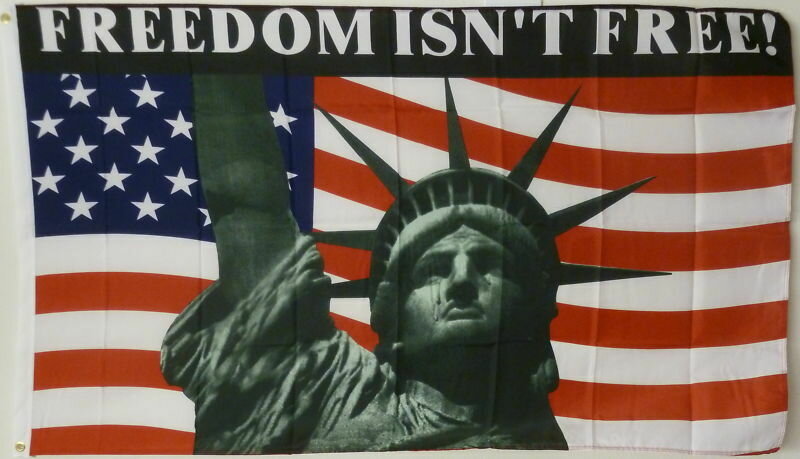 Flag with Statue of Liberty and American flag, featuring the text 'Freedom Isn't Free'.