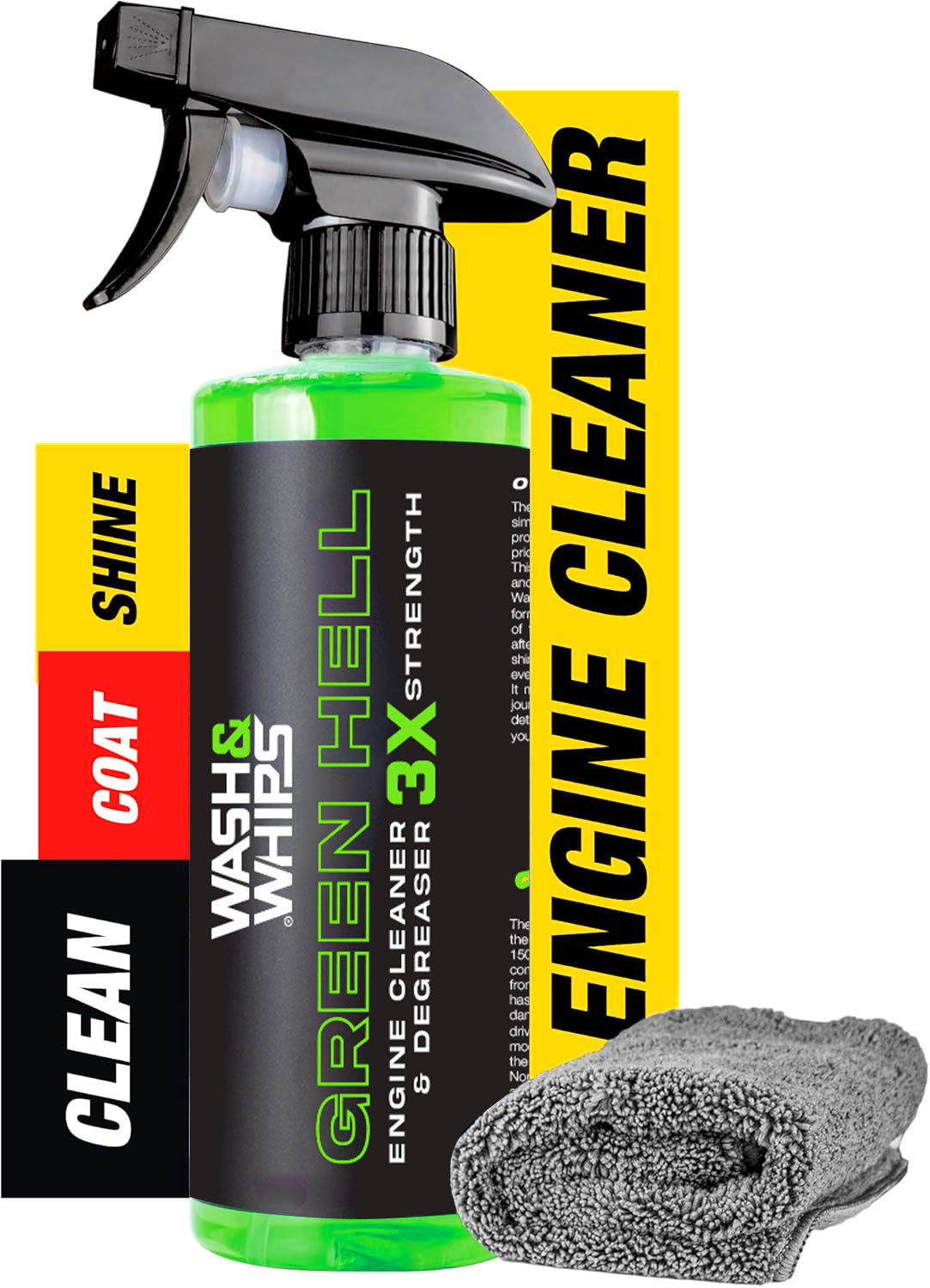 Green engine cleaner bottle with a towel on a white background