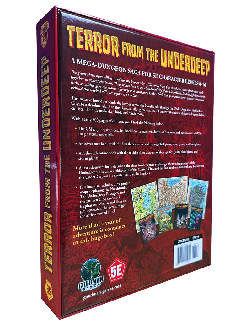 Back cover of 'Terror from the Underdeep' game box with text and graphics.