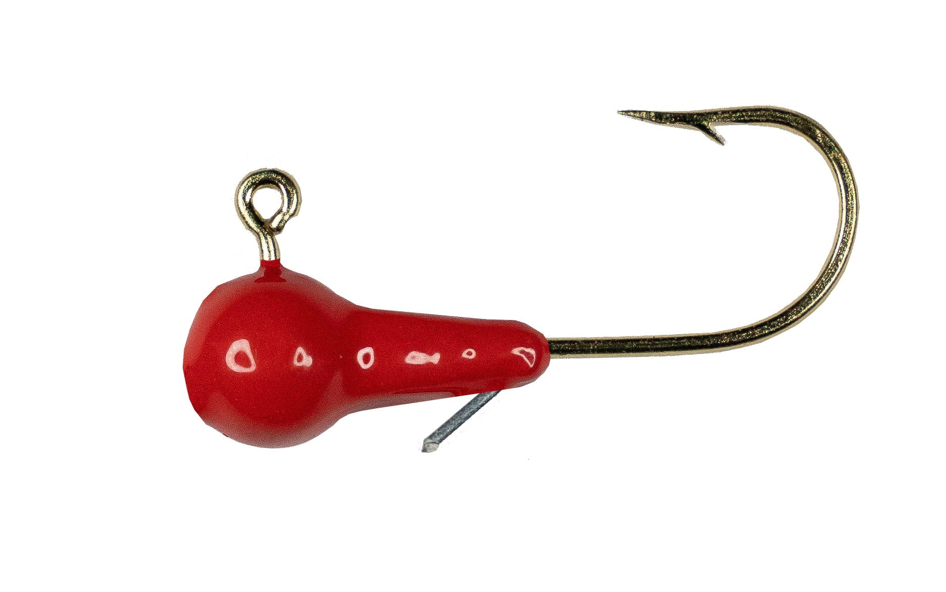 Red fishing lure with a gold hook on a white background