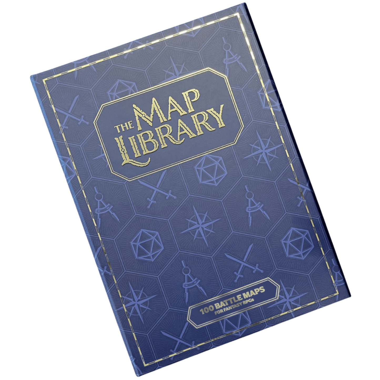 Blue book titled 'The Map Library' with geometric patterns on a green background