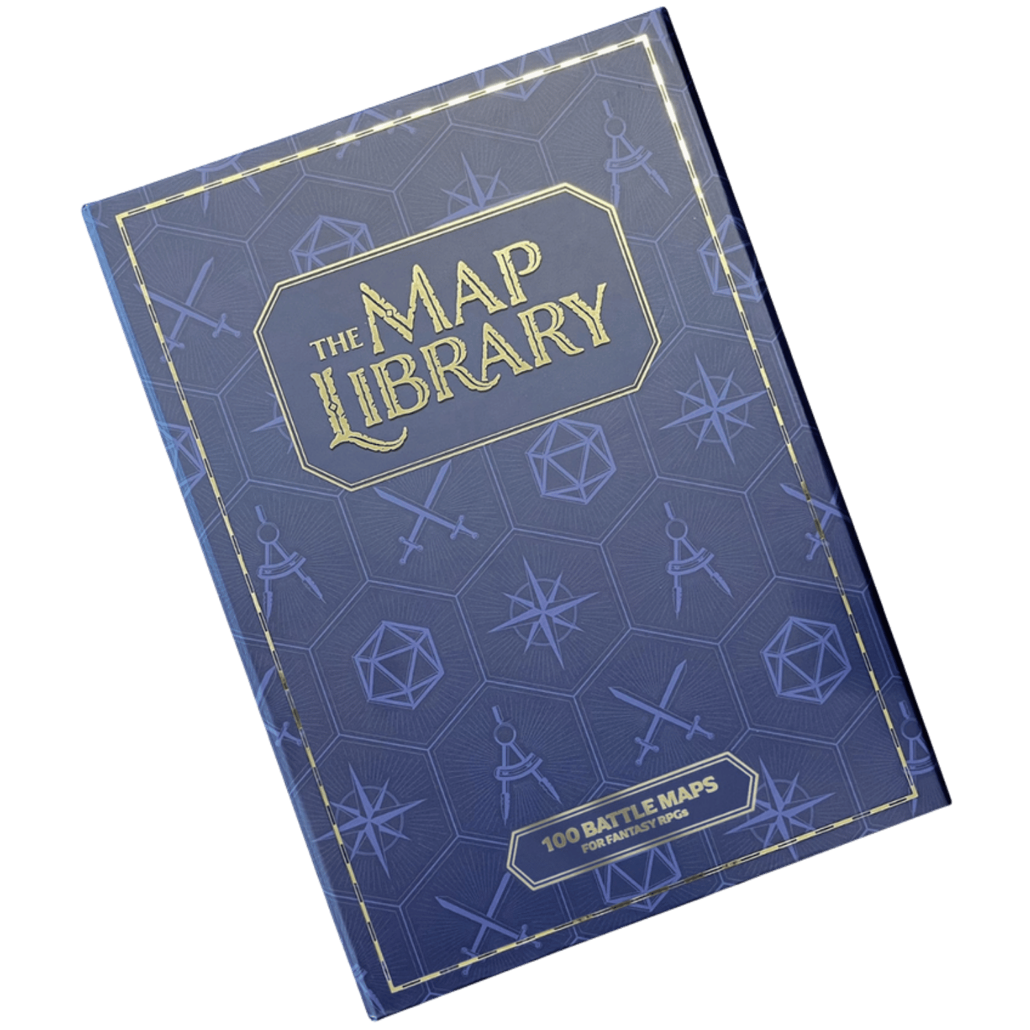 Blue book titled 'The Map Library' with geometric patterns on a green background
