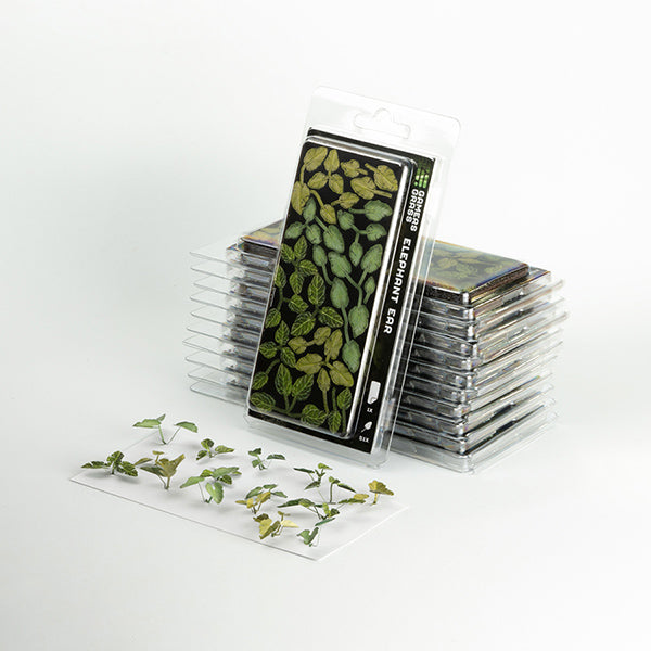Stack of small plant samples in clear plastic cases on a white background