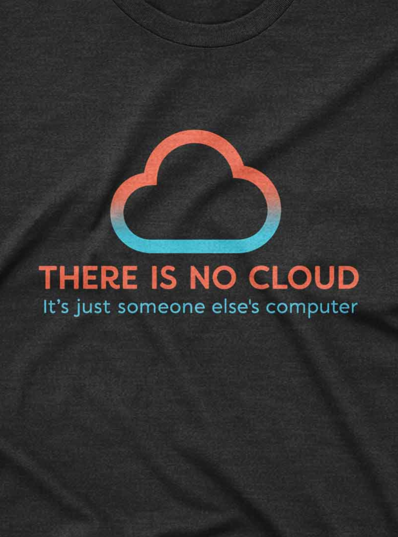 Black t-shirt with colorful cloud graphic and text on a plain background