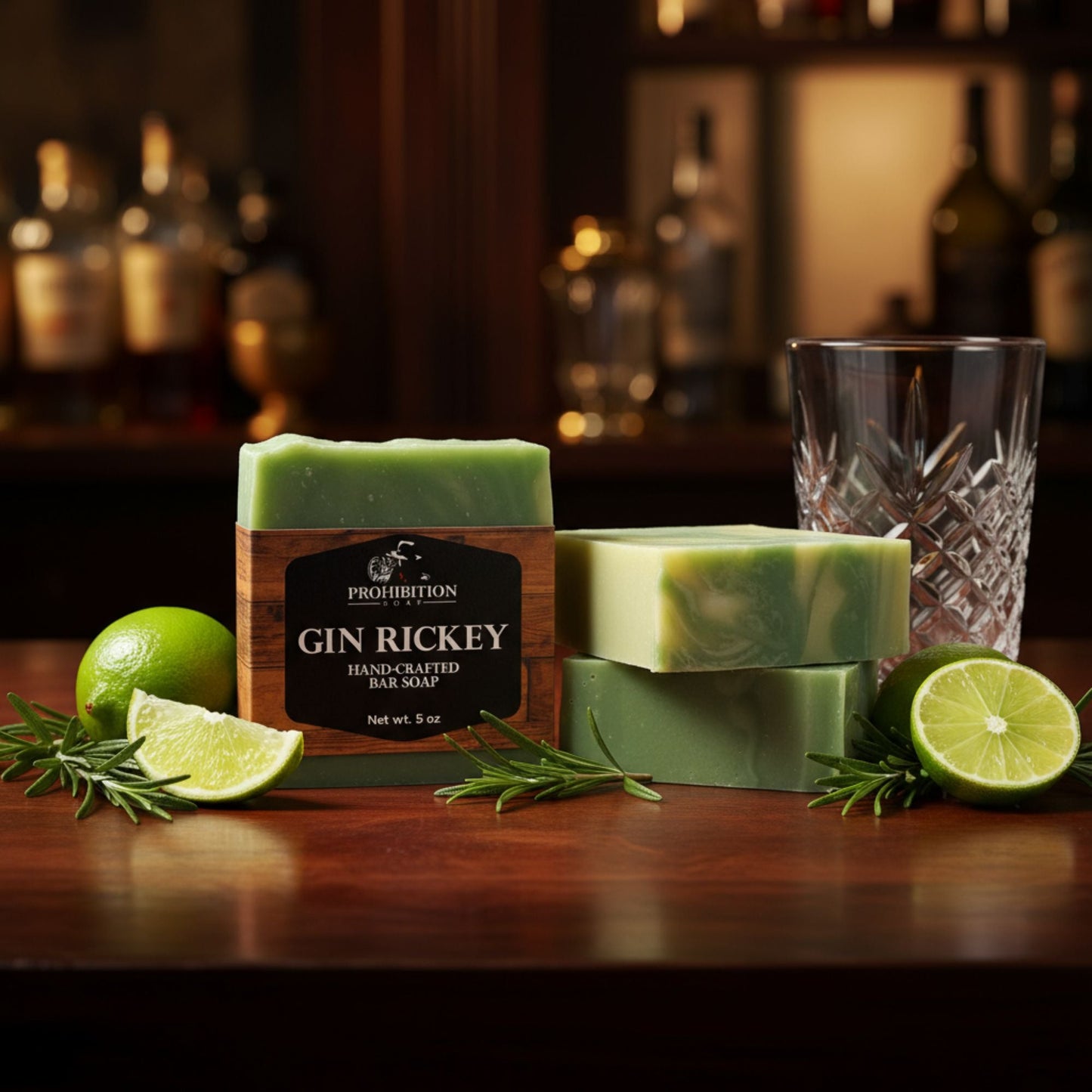 Gin Rickey Handcrafted Soap with limes and glass on bar