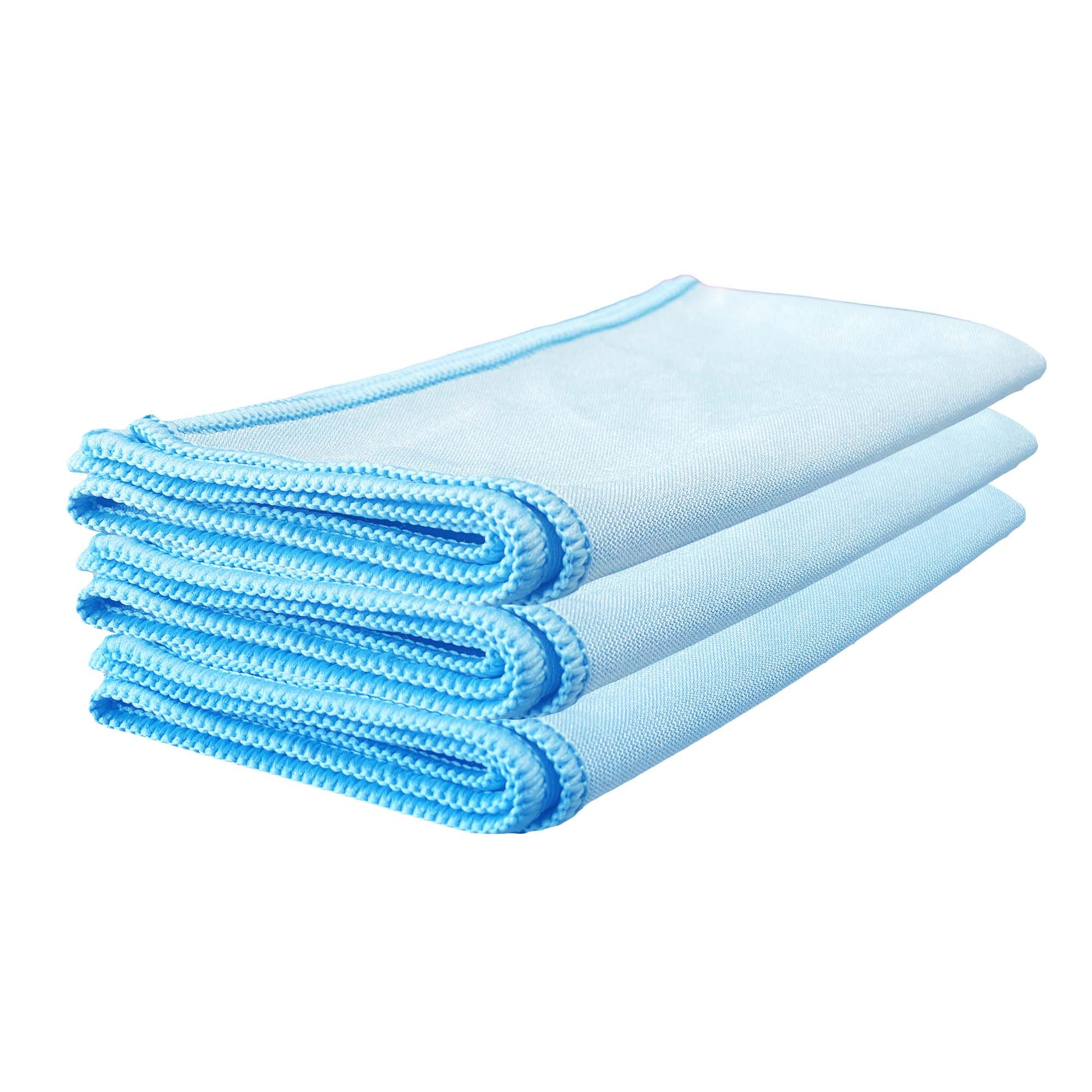 Stack of blue microfiber cloths on a white background
