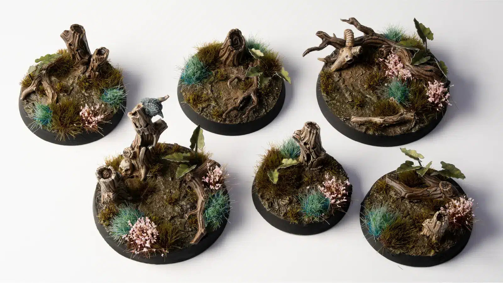 Six round miniature bases with naturalistic designs on a white background