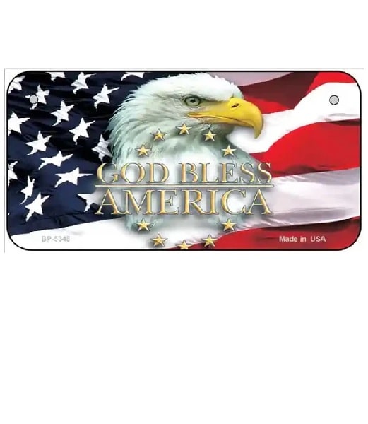 Bicycle License plate with American flag and bald eagle design, featuring 'God Bless America' text.