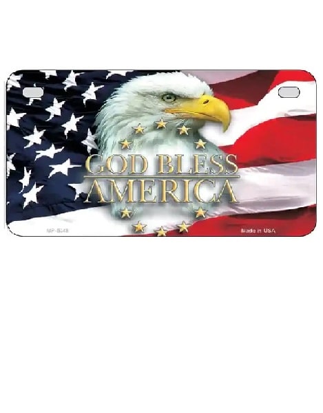 American Eagle God Bless America Motorcycle License Plate. License plate with American flag and bald eagle design, featuring 'God Bless America' text.