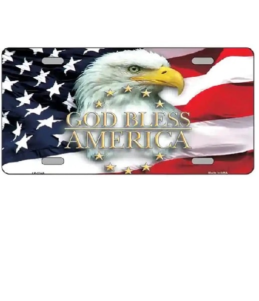 License plate with American flag and bald eagle design, featuring 'God Bless America' text.  God Bless America Eagle Vanity License Plate