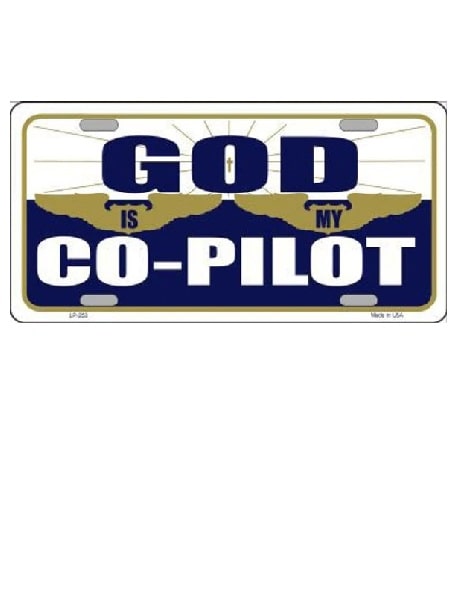 God Is My Co-Pilot License Plate Style Sign. License plate with 'GOD IS MY CO-PILOT' text on a white background