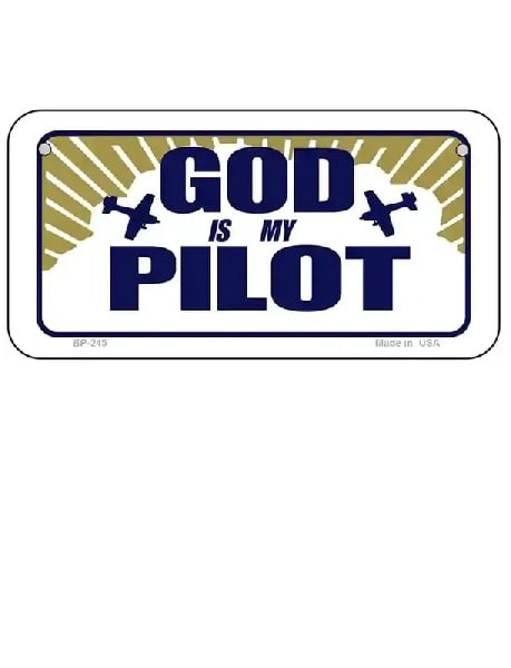 Bicycle License plate with 'God is my pilot' text and cross symbols on a white background