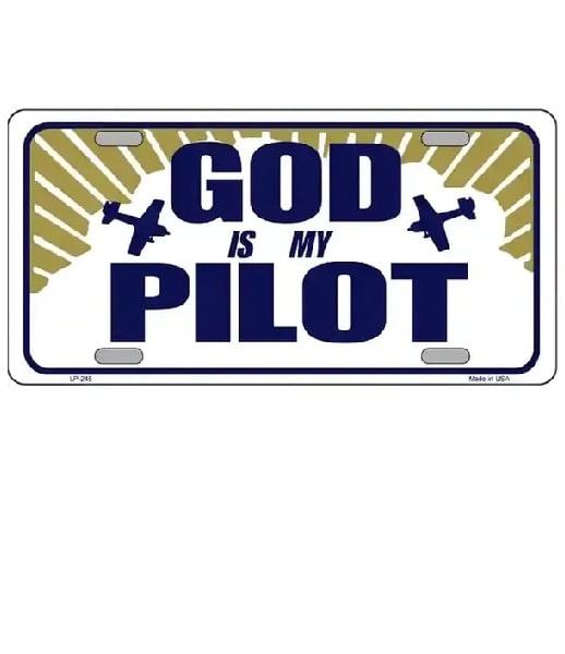 License plate with 'GOD IS MY PILOT' text and airplane graphics on a white background