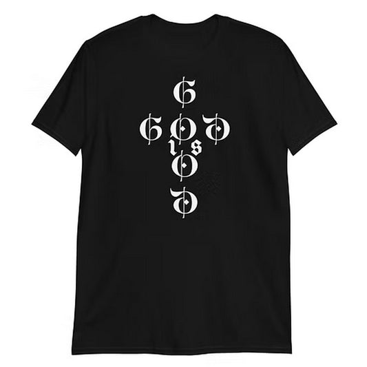 Black t-shirt with white text design 'God is Good' in a cross pattern on a white background