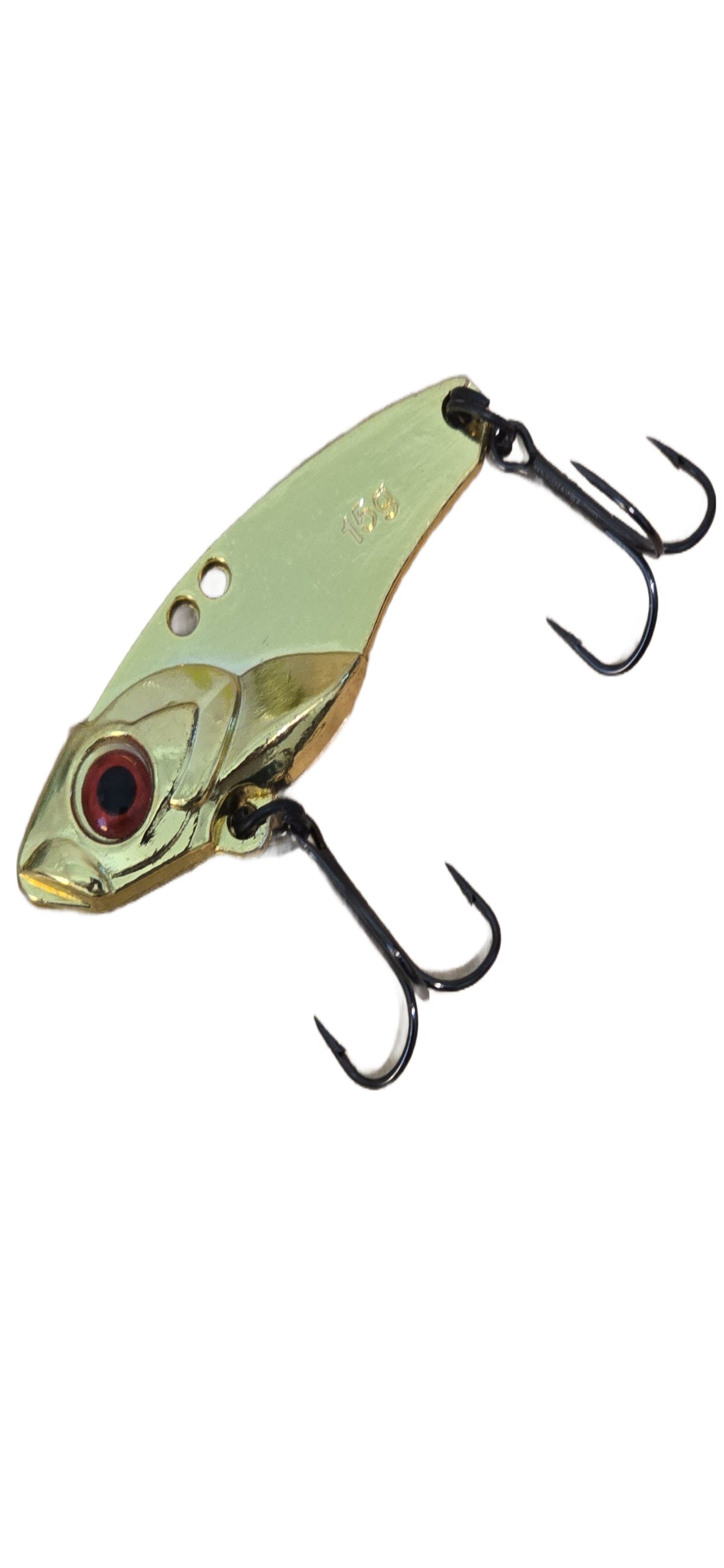 Fishing lure with a green body and red eye on a white background