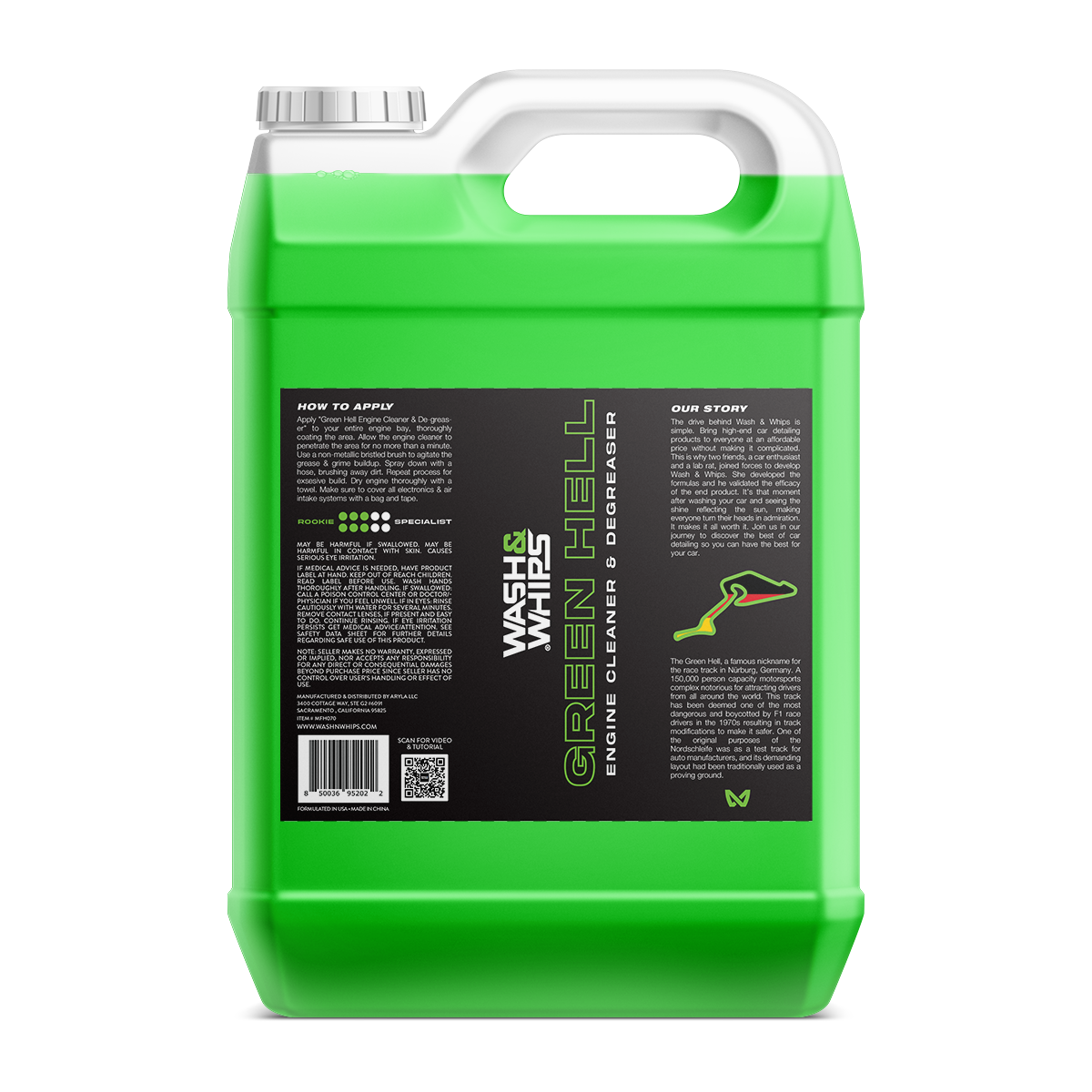 Green container with a label on a white background