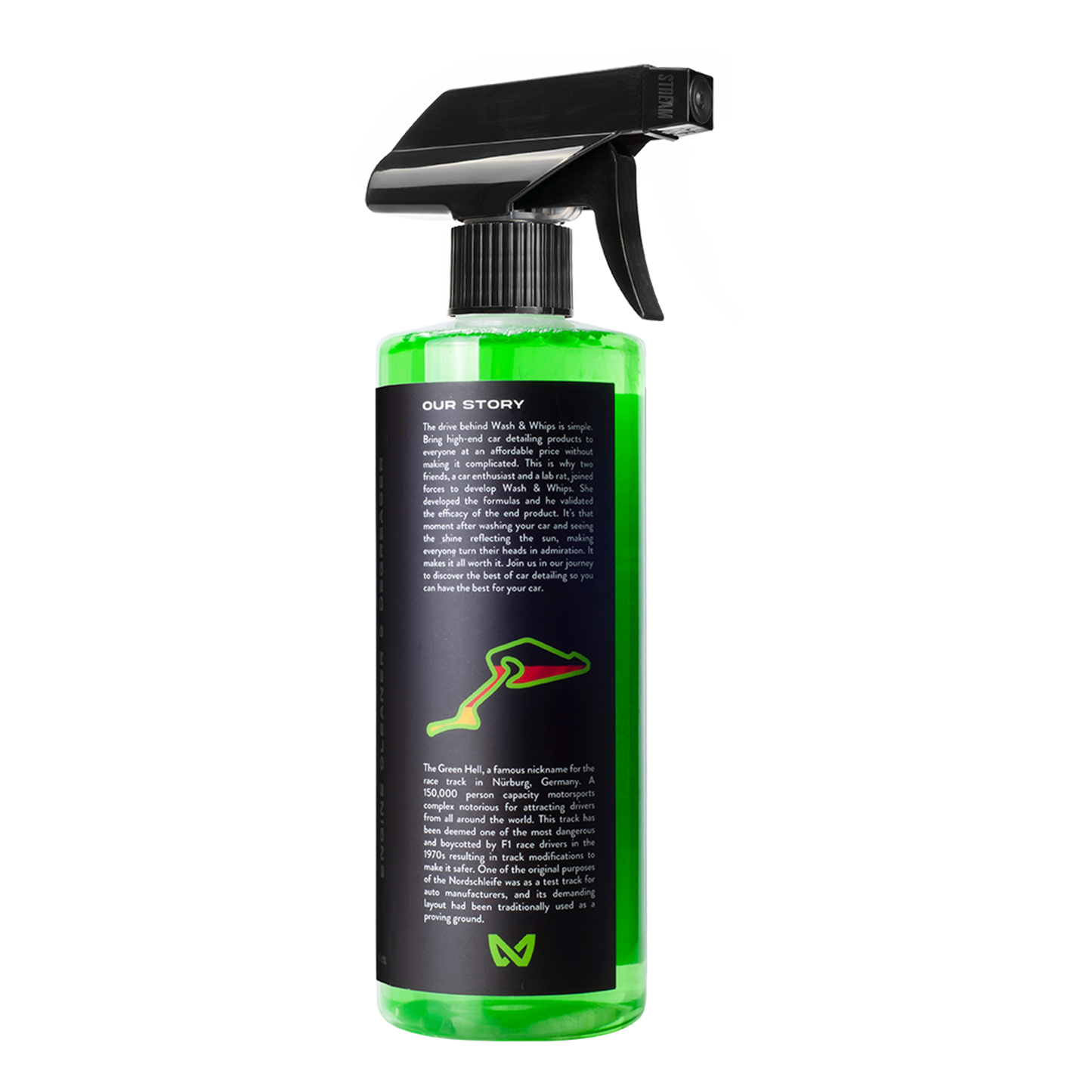 Green spray bottle with black nozzle on a white background