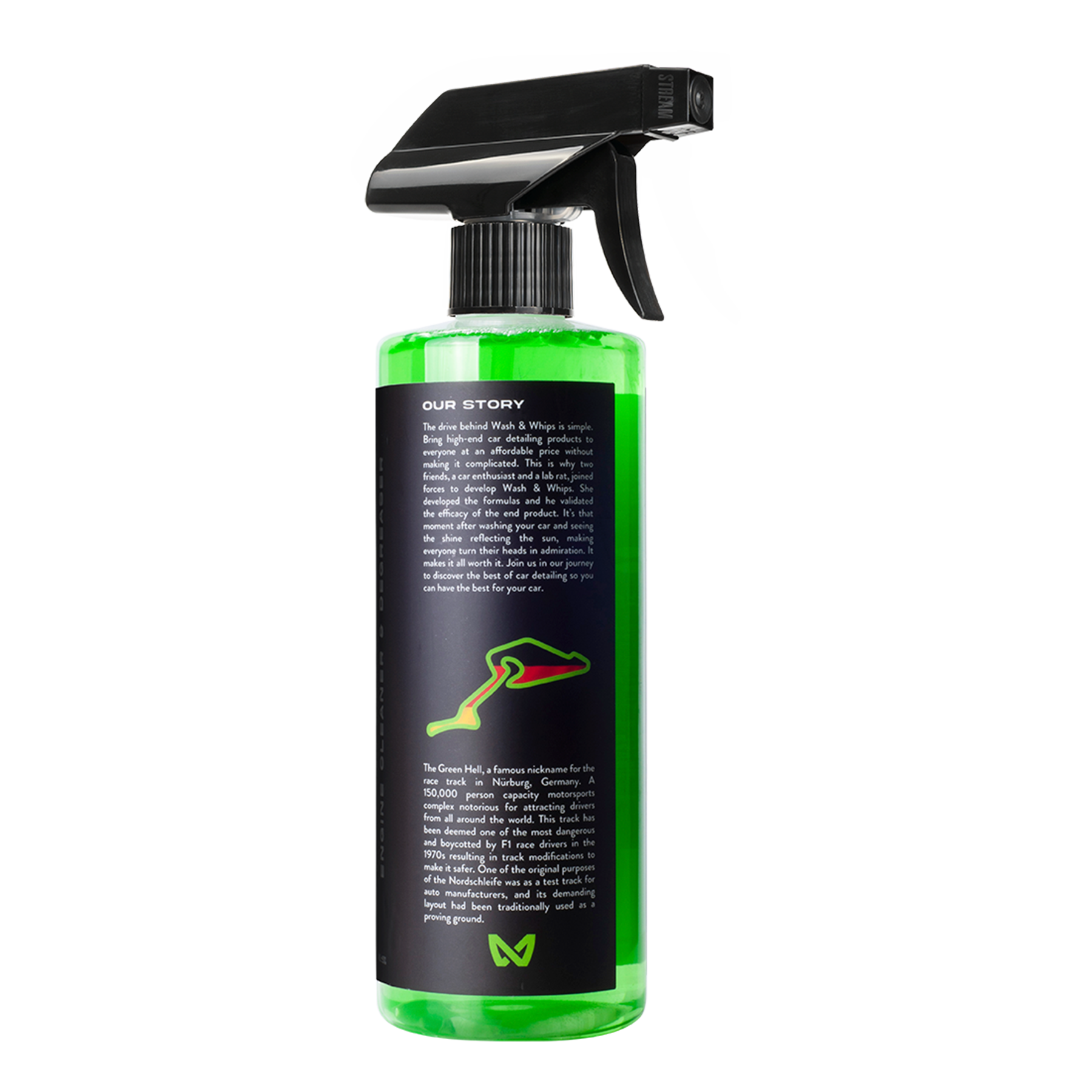 Green spray bottle with black nozzle on a white background