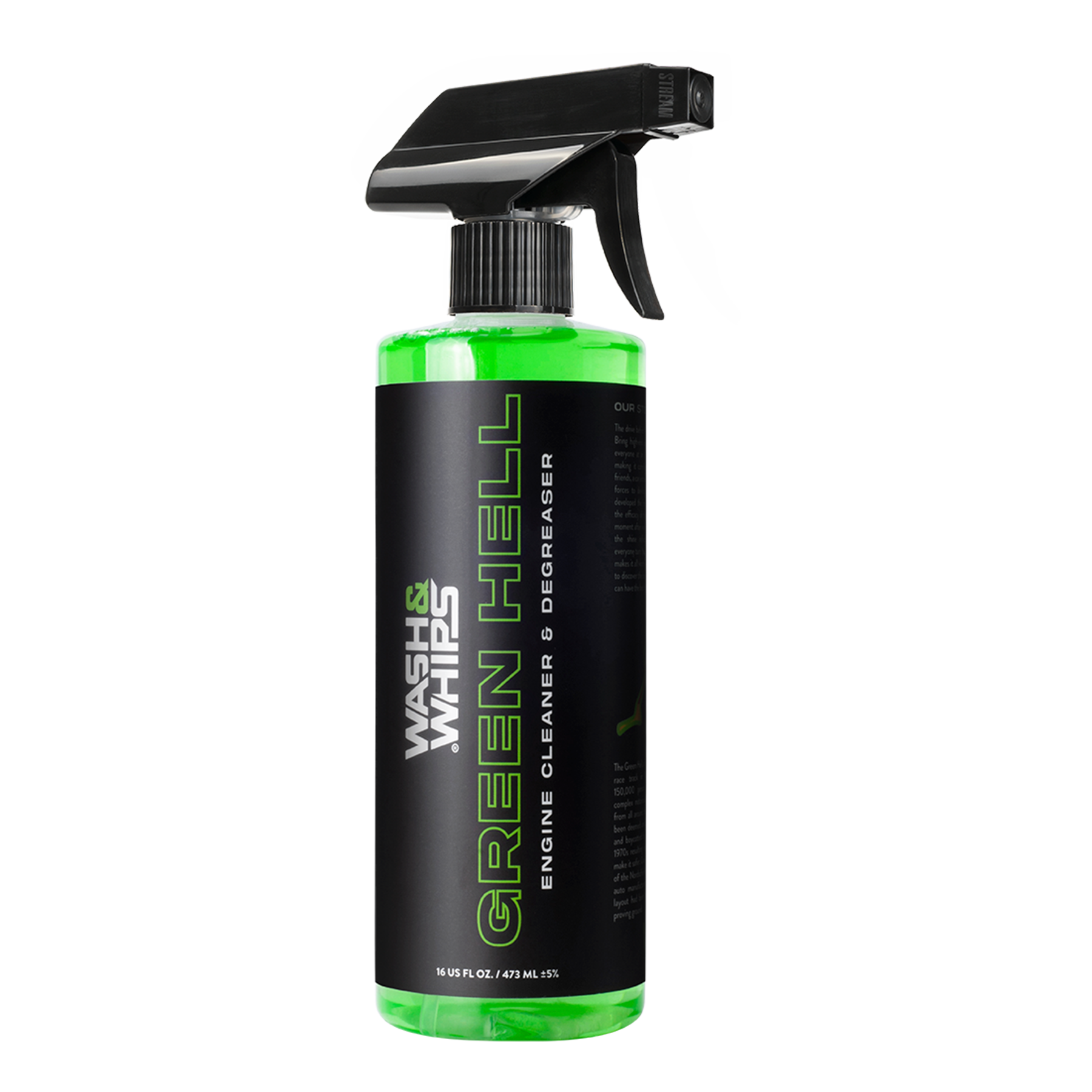 Bottle of Green Hell engine cleaner and degreaser with a black and green design on a white background.