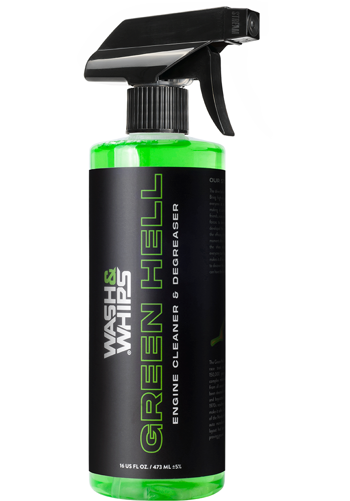 Green spray bottle with black nozzle labeled 'Green Hell' on a white background