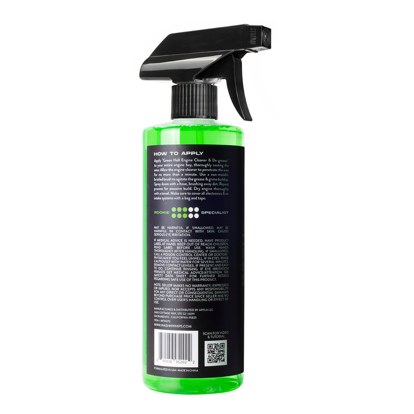 Green spray bottle with black label and nozzle on a white background