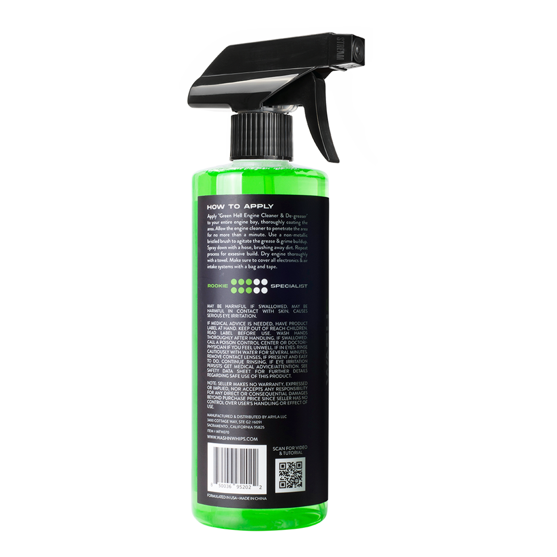 Green spray bottle with black label and nozzle on a white background