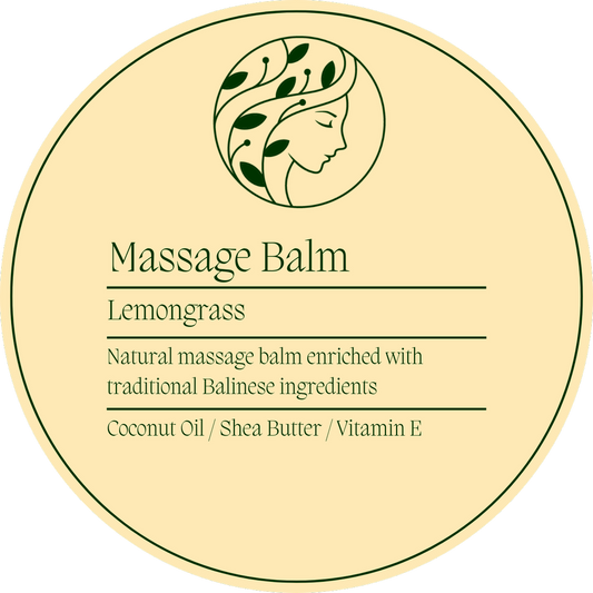 Round container of Massage Balm with lemongrass scent on a beige background