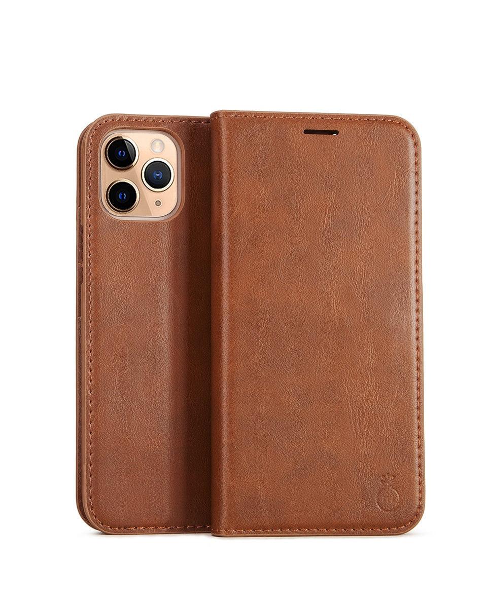 Brown leather phone case on a white background