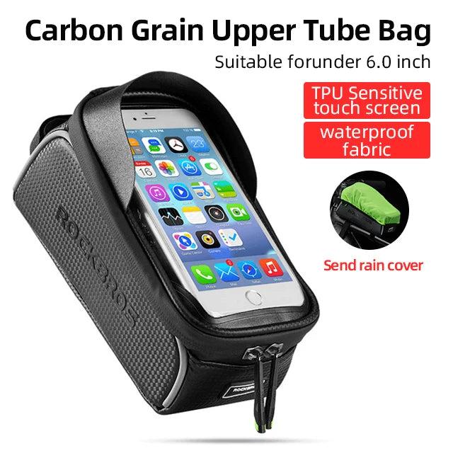 Carbon grain upper tube bag with smartphone display, suitable for 6.0 inch phones, featuring TPU sensitive touch screen and waterproof fabric.