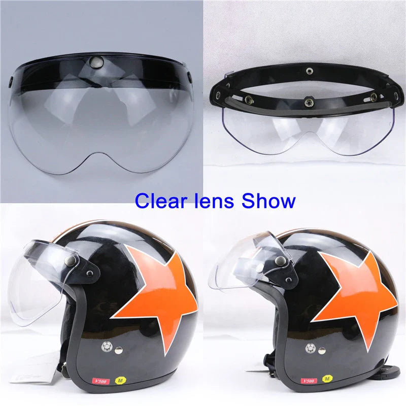 Clear helmet visor and helmet with orange star design on a white background